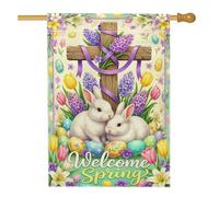 Bandiera della casa dei conigli, bandiera primaverile festiva con croce floreale primaverile pastello su entrambi i lati in iuta decorativa per portico anteriore per esterni, cortile, prato, patio
