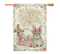 Bandiera della casa dei coniglietti, cesto fantasioso con croce pasquale pastello su entrambi i lati, grande bandiera da giardino per esterni, patio, prato, ingresso, campeggio, 71 x 101 cm