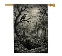 Bandiera della casa dei corvi, gotica spettrale lapide cimitero Halloween nera su entrambi i lati in iuta decorativa per esterni bandiere per portico esterno per cortile, prato, patio, porta