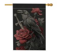 Bandiera della casa dei corvi, spada gotica con rose scure e spada di Halloween, nera, su entrambi i lati, in iuta, decorativa, per esterni, prato, cortile, patio, ingresso, 71 x 101 cm