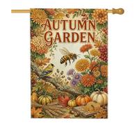 Bandiera della casa dei crisantemi a tema autunnale, 71 x 101 cm | Ape da miele, bandiera per prato, farfalla monarca, cardellino, zucche, grano, ramo rustico, tema raccolto