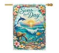 Bandiera della casa dei delfini, tartaruga tropicale costiera corallo estate blu iuta double face decorativo esterno bandiere portico per esterni prato cortile patio ingresso 71 x 101 cm