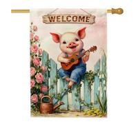 Bandiera della casa dei maiali, fantasiosa bandiera rustica con chitarra floreale primaverile color pesca su entrambi i lati, decorativa, per esterni, cortile, prato, patio, porta d'ingresso, 71 x 101