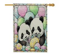 Bandiera della casa dei panda di Pasqua primaverile, 71 x 101 cm, double-face, per decorazione esterna, uova in vetro colorato, bandiera per la casa, divertente e stravagante motivo esterno cortile