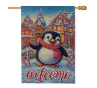 Bandiera della casa dei pinguini, per le feste invernali, con bastoncini di zucchero e neve, in iuta blu, su entrambi i lati, per portico anteriore, per esterni, patio, prato, ingresso e campeggio, 71