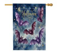 Bandiera della casa dei pipistrelli, fantasiosa luna e stelle di Halloween viola su entrambi i lati in iuta decorativa per portico anteriore per esterni, patio, prato, ingresso campeggio, 71 x 101 cm