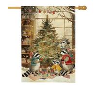 Bandiera della casa dei procioni, regalo di Natale fantasioso albero di Natale, in iuta verde, su entrambi i lati, bandiere decorative per portico anteriore, per esterni, prato, cortile, patio