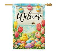 Bandiera della casa dei pulcini, primaverile con tulipani pasquali uova di Pasqua in iuta gialla su entrambi i lati, decorative per esterni, cortile, prato, patio, porta d'ingresso, 71 x 101 cm
