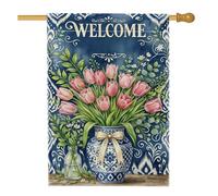 Bandiera della casa dei tulipani, vaso rustico floreale con foglie blu primaverile su entrambi i lati in iuta decorativa per esterni, patio, prato, ingresso campeggio, 71 x 101 cm
