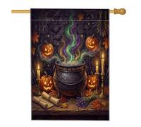 Bandiera della casa del calderone, candela fantasiosa zucca spettrale di Halloween in iuta arancione su entrambi i lati grande bandiera da giardino per esterni, prato, cortile, patio, ingresso 71 x