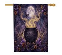Bandiera della casa del calderone, mistico fantasioso farfalle luna Halloween viola iuta double face portico anteriore bandiere decorative per esterni patio cortile prato ingresso balcone 71 x 101 cm