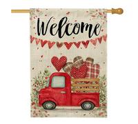 Bandiera della casa del camion, bandierine rustiche di benvenuto con cuori primaverili in iuta rossa su entrambi i lati, decorative per esterni, prato, cortile, patio, ingresso 71 x 101 cm