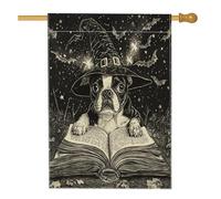 Bandiera della casa del cane Boston Terrier della strega di Halloween, 71,1 x 101,2 cm, double face, decorativa per esterni, vintage, libro magico per cuccioli, bandiera per la casa, estetica esterna