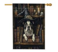 Bandiera della casa del cane Boston Terrier di Halloween 71,1 x 101,2 cm su entrambi i lati per decorazione esterna, spaventosa strega magica libri di magia cucciolo frontyard bandiera per la casa