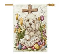 Bandiera della casa del cane Cavachon di Pasqua primaverile 71,1 x 101,2 cm su entrambi i lati per la decorazione esterna, uova di campagna, fiori, cuccioli, bandierine per la casa, divertente motivo