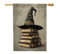 Bandiera della casa del cappello da strega di Halloween, 71 x 101 cm, double-face, per decorazione esterna, libro magico vintage, bandiera per la casa, motivo horror spaventoso strega per esterni
