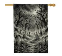 Bandiera della casa del cimitero, gotico spettrale alberi lapidi Halloween tela nera double face grande bandiera da giardino per patio esterno ingresso prato campeggio 70 x 101 cm