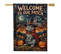 Bandiera della casa del coniglio, fantasioso cappello da mago con zucche festive, cappello da mago di Halloween in iuta arancione su entrambi i lati, bandiere decorative per portico anteriore, per