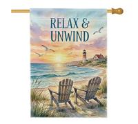 Bandiera della casa del faro, con gabbiani al tramonto in stile costiero e rilassato, blu su entrambi i lati, in iuta, decorativa, per esterni, prato, cortile, patio, ingresso, 71 x 101 cm