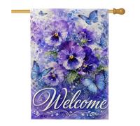Bandiera della casa del pensiero della primavera, elegante farfalla floreale primaverile viola su entrambi i lati in iuta decorativa per esterni, patio, prato, ingresso campeggio, 71 x 101 cm