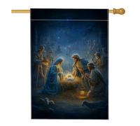 Bandiera della casa del presepe, Natale tradizionale pastore animali natale blu iuta doppia faccia esterna grande bandiera da giardino per patio esterno prato ingresso campeggio 70 x 101 cm