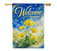 Bandiera della casa del ranuncolo, con skyline fantasioso primaverile e nuvole gialle primaverili su entrambi i lati, decorativa, per esterni, prato, cortile, patio, ingresso, 71 x 101 cm