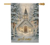 Bandiera della casa della chiesa, con alberi di neve tradizionali invernali, in iuta bianca su entrambi i lati, grande bandiera da giardino per esterni, prato, cortile, patio, ingresso, 71 x 101 cm