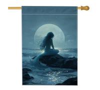 Bandiera della casa della sirena, fantasia mistica luna oceano estate blu double face in iuta esterna grande bandiera da giardino per esterni, patio, prato, ingresso campeggio, 71 x 101 cm