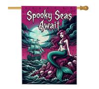 Bandiera della casa della sirena, gotica fantasiosa nave teschi Halloween viola su entrambi i lati in iuta decorativa per portico anteriore per esterni, cortile, prato, patio, porta d'ingresso, 71 x