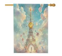 Bandiera della casa della torre di Parigi, fantasioso orologio puzzle pezzi primavera blu pastello iuta double face bandiere decorative per portico anteriore esterno prato cortile patio ingresso 71 x