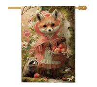 Bandiera della casa della volpe, fantasiosa e carina, cesto di procioni primaverile color pesca su entrambi i lati, bandiere decorative per portico anteriore per esterni, patio, cortile, prato