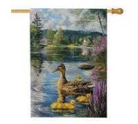 Bandiera della casa delle anatre, anatroccoli panoramici della natura acqua primavera verde iuta double face portico anteriore bandiere decorative per esterni cortile prato patio ingresso 71 x 101 cm