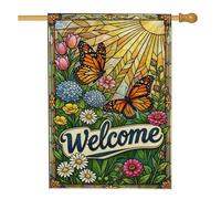 Bandiera della casa delle farfalle, fiore colorato primaverile con sole primaverile verde primavera iuta doppia faccia grande bandiera da giardino per esterni, prato, cortile, patio, ingresso 71 x 101