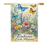 Bandiera della casa delle farfalle, fiore floreale primaverile crisantemo primavera blu doppia tela esterna grande bandiera da giardino per esterni patio prato ingresso campeggio 71 x 101 cm