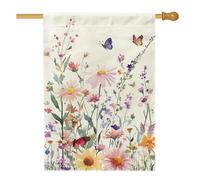 Bandiera della casa delle farfalle, fiore floreale primaverile crisantemo primavera pesca doppia tela esterna grande bandiera da giardino per esterni cortile prato patio ingresso 71 x 101 cm