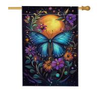 Bandiera della casa delle farfalle, fiori fantasiosi con luna e primavera, in iuta blu, double face, per portico anteriore, bandiere decorative per esterni, patio, cortile, prato, ingresso, balcone