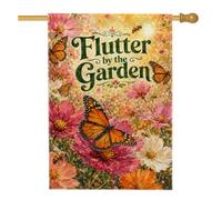 Bandiera della casa delle farfalle, fiori naturali primaverili con api primaverili arancioni su entrambi i lati, bandiere decorative per portico anteriore per esterni, prato, cortile, patio, ingresso