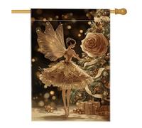 Bandiera della casa delle fate, motivo natalizio con rose e albero di Natale, in iuta dorata, su entrambi i lati, decorativa, per esterni, prato, cortile, patio, ingresso, 71 x 101 cm