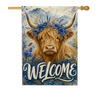 Bandiera della casa delle Highland, rustica con fiori fantasiosi e api benvenute, blu su entrambi i lati, grande bandiera da giardino per esterni, cortile, prato, patio, porta d'ingresso, 71 x 101 cm