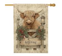 Bandiera della casa delle mucche delle Highland, ghirlanda rustica di lanterna autunnale marrone su entrambi i lati in iuta per portico anteriore bandiere decorative per esterni, cortile, prato, patio