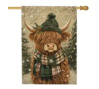Bandiera della casa delle mucche delle Highland, sciarpa invernale rustica invernale con fiocchi di neve marrone in iuta double face grande bandiera da giardino per esterni, prato, cortile, patio