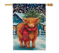 Bandiera della casa delle mucche delle Highlands, con albero di Natale e neve, arancione, double face, in iuta, per esterni, patio, cortile, prato, ingresso, balcone, 71 x 101 cm