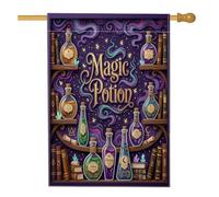 Bandiera della casa delle pozioni, fantasiosi libri fantasy con stelle viola di Halloween su entrambi i lati, bandiere decorative per portico anteriore, per esterni, prato, cortile, patio, ingresso