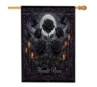 Bandiera della casa delle rose, candele gotiche a forma di luna scura, per Halloween, nera, double face, grande bandiera da giardino per esterni, cortile, prato, patio, porta d'ingresso, 71 x 101 cm