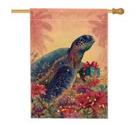Bandiera della casa delle tartarughe, fiori tropicali festivi, regalo natalizio verde in iuta su entrambi i lati, bandiere decorative per portico esterno, patio, prato, ingresso, campeggio, 71 x 101