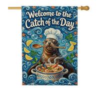 Bandiera della casa dello chef, in iuta blu estiva con frutti di mare fantasiosi con frutti di mare e limone, su entrambi i lati, decorativa, per esterni, patio, prato, ingresso, campeggio, 71 x 101