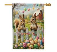 Bandiera della casa dello scoiattolo pasquale primaverile 71 x 101 cm su entrambi i lati per decorazione esterna, uova di recinzione con animali frontali, bandiera per la casa, fattoria di campagna