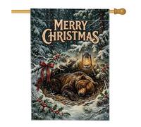 Bandiera della casa dell'orso addormentato Merry Christmas, 71 x 101 cm | Scena della foresta innevata, bandiera del cortile, lanterna vintage, bacche di agrifoglio, tema bosco invernale