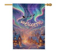 Bandiera della casa di Babbo Natale, case fantasiose con luci del nord di Natale blu su entrambi i lati in iuta decorativa per esterni, patio, cortile, prato, ingresso, balcone, 71 x 101 cm