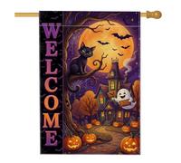 Bandiera della casa di benvenuto con gatto e stregato di Halloween, 71 x | Sagoma della casa infestata, bandiera del prato, luna luminosa, zucche intagliate, atmosfera autunnale
